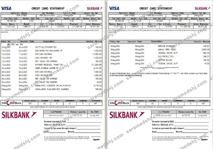 Pakistan Silkbank statement Word and PDF template, 2 pages